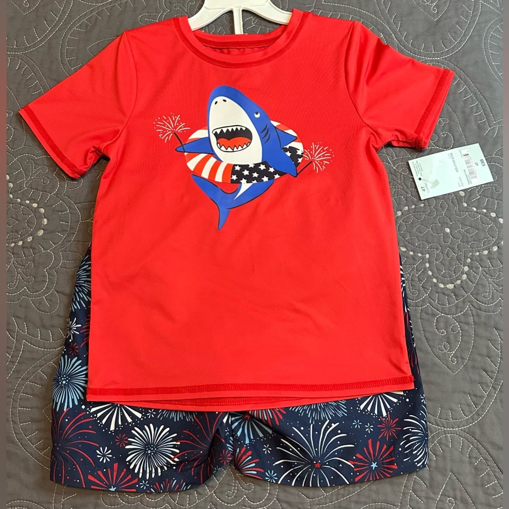 Okie Dokie Toddler Shark/Fireworks Rash Guard/Trunks Set NWT Size 4T